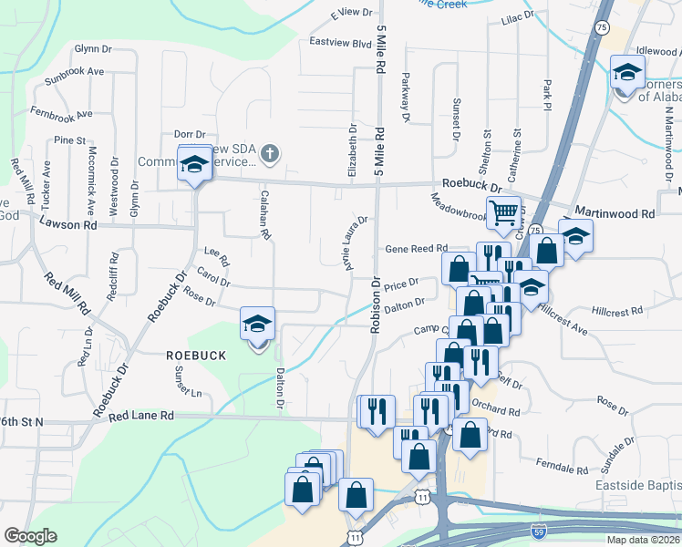 map of restaurants, bars, coffee shops, grocery stores, and more near 605 Annie Laura Drive in Birmingham
