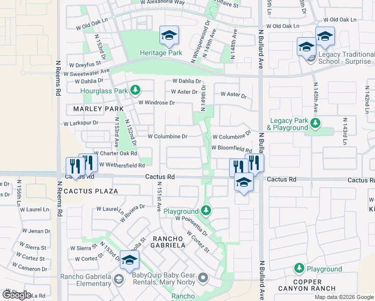 map of restaurants, bars, coffee shops, grocery stores, and more near 15009 West Bloomfield Road in Surprise