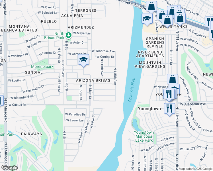 map of restaurants, bars, coffee shops, grocery stores, and more near 11533 West Columbine Drive in El Mirage