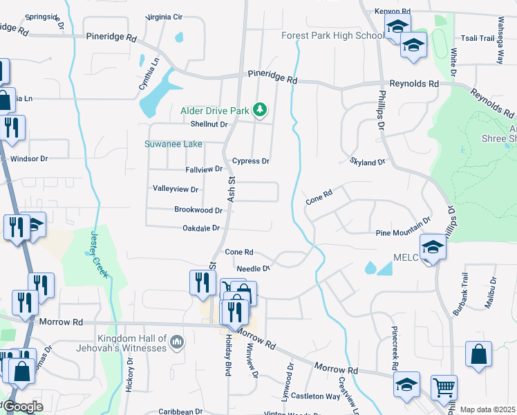 map of restaurants, bars, coffee shops, grocery stores, and more near 942 Sherwood Cir in Forest Park