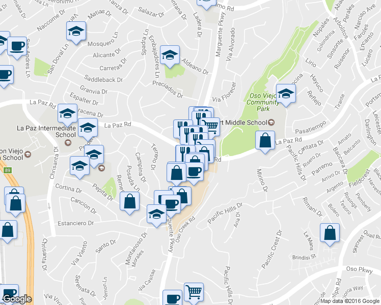 map of restaurants, bars, coffee shops, grocery stores, and more near 27002 La Paz Road in Mission Viejo