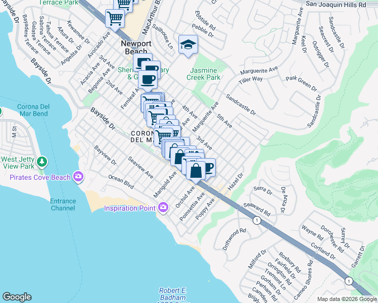 map of restaurants, bars, coffee shops, grocery stores, and more near 429 Marigold Avenue in Newport Beach
