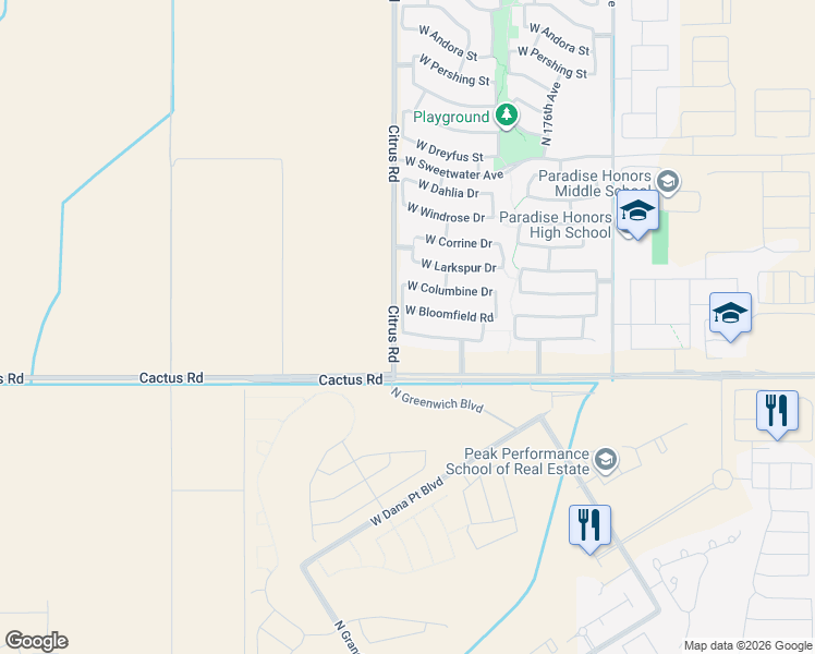 map of restaurants, bars, coffee shops, grocery stores, and more near 17835 West Bloomfield Road in Surprise