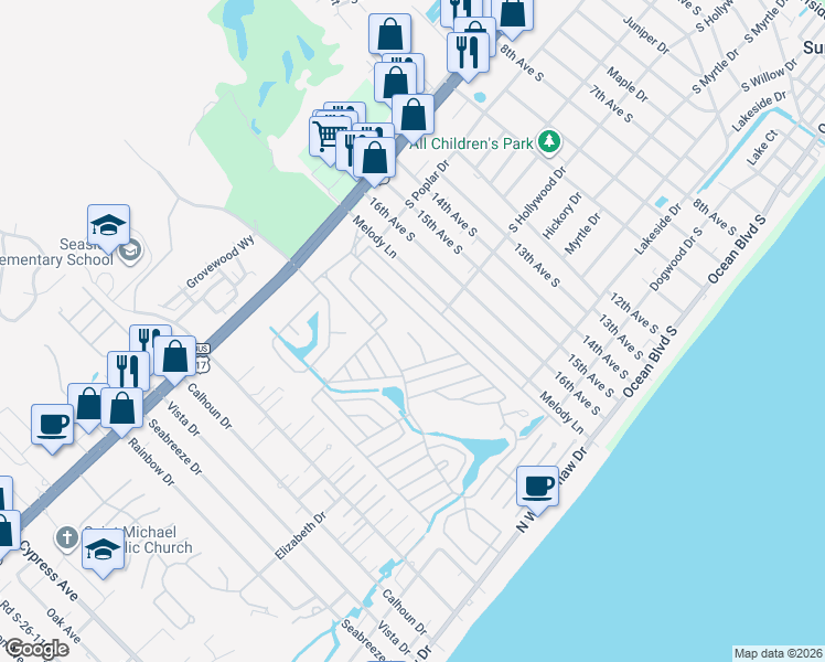 map of restaurants, bars, coffee shops, grocery stores, and more near 389 Meadowlark in Myrtle Beach