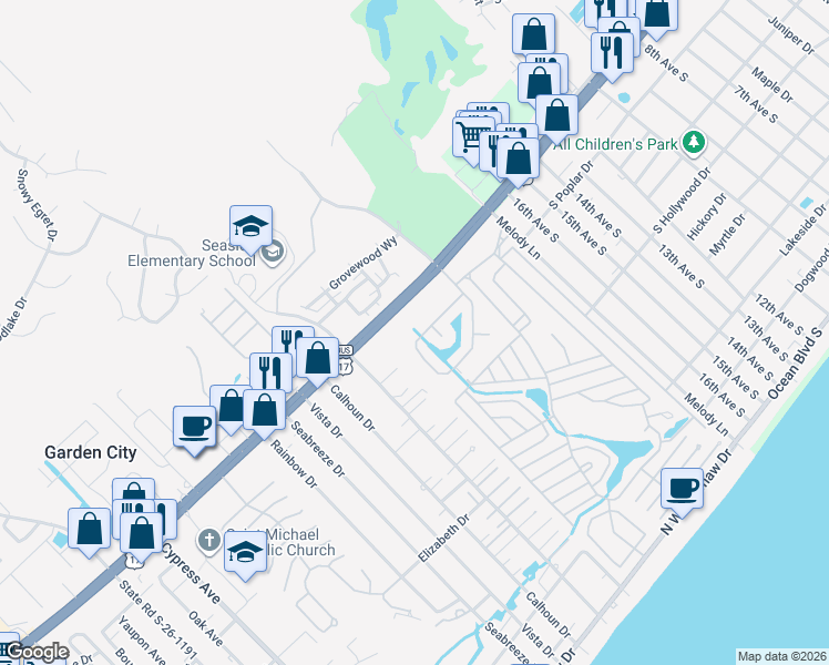 map of restaurants, bars, coffee shops, grocery stores, and more near 142 Georges Bay Road in Murrells Inlet