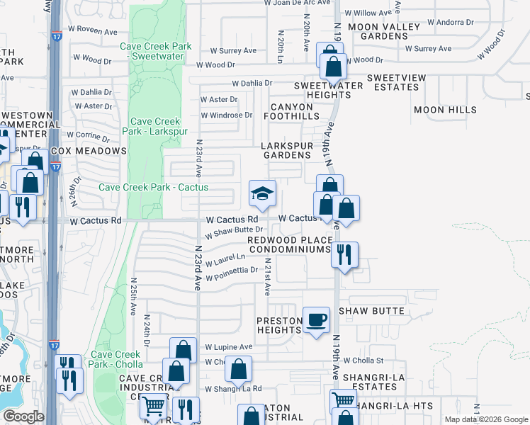map of restaurants, bars, coffee shops, grocery stores, and more near 2108 West Cactus Road in Phoenix