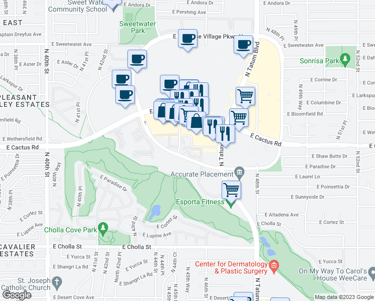 map of restaurants, bars, coffee shops, grocery stores, and more near 4502 North Paradise Village Parkway South in Phoenix