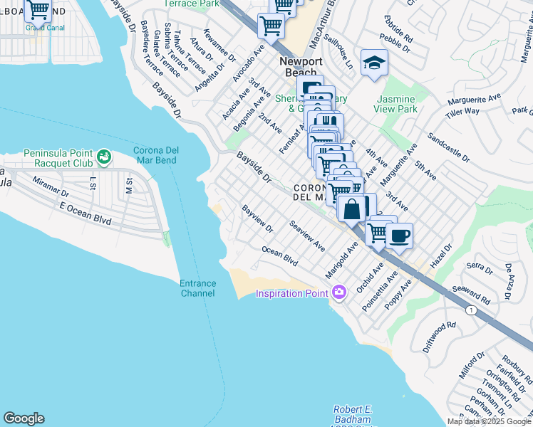 map of restaurants, bars, coffee shops, grocery stores, and more near 237 Heliotrope Avenue in Newport Beach