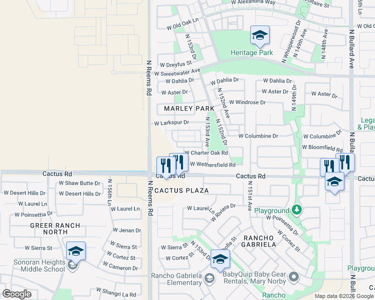 map of restaurants, bars, coffee shops, grocery stores, and more near 15366 West Charter Oak Road in Surprise