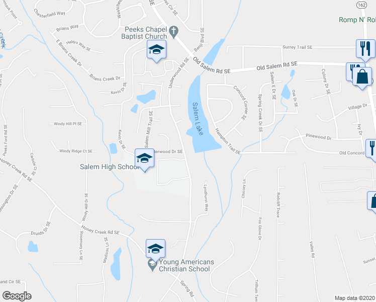 map of restaurants, bars, coffee shops, grocery stores, and more near 3474 Underwood Road Southeast in Conyers