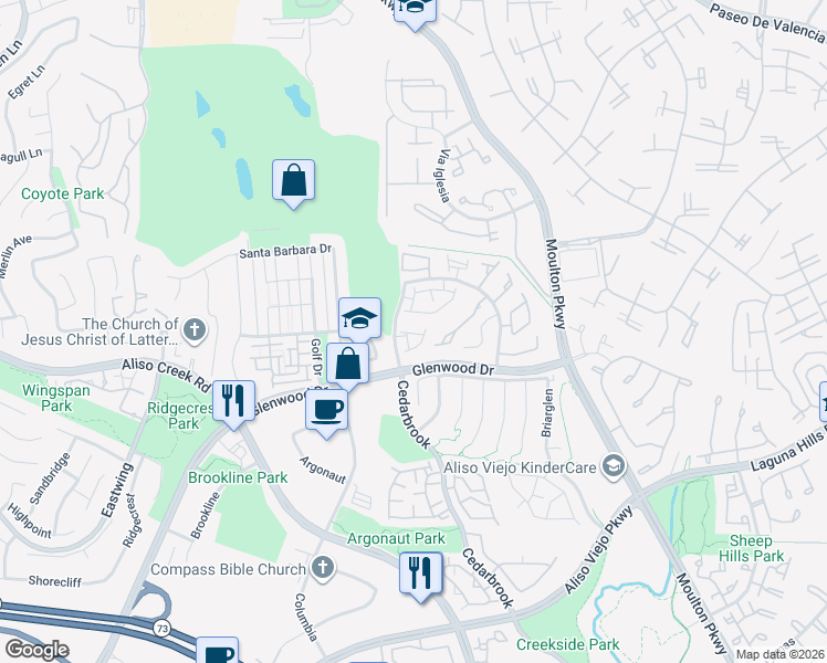 map of restaurants, bars, coffee shops, grocery stores, and more near 65 Via Abruzzi in Aliso Viejo