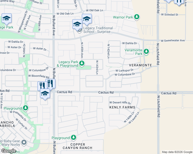 map of restaurants, bars, coffee shops, grocery stores, and more near 14381 West Bloomfield Road in Surprise