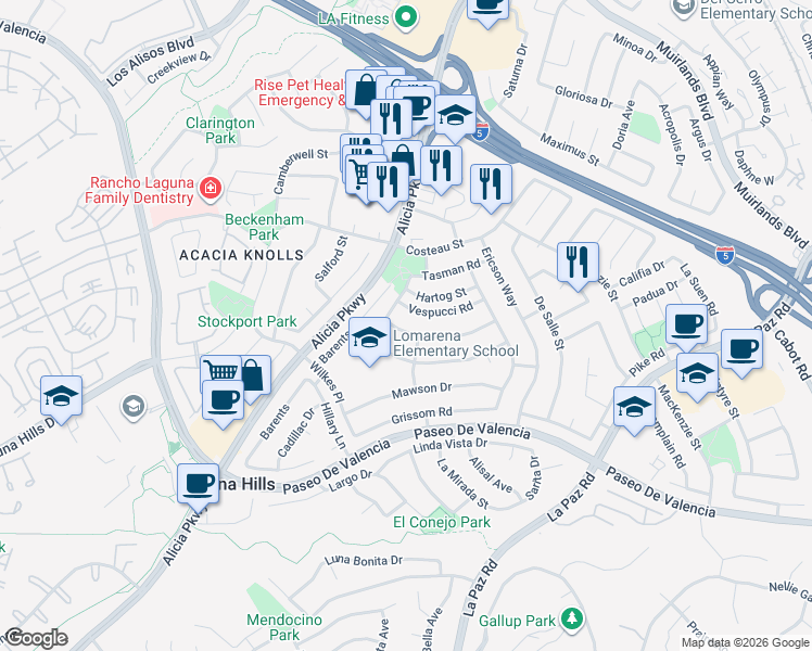 map of restaurants, bars, coffee shops, grocery stores, and more near 25111 Northrup Drive in Laguna Hills