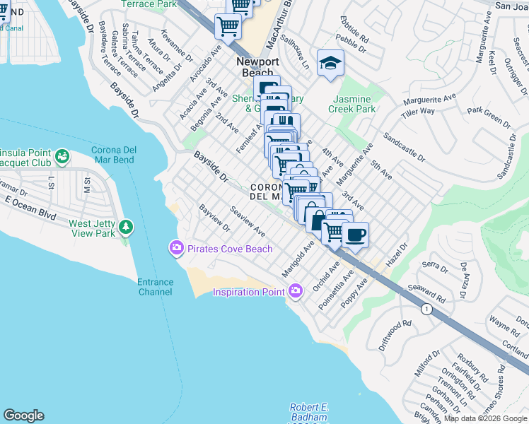 map of restaurants, bars, coffee shops, grocery stores, and more near 319 Jasmine Avenue in Newport Beach