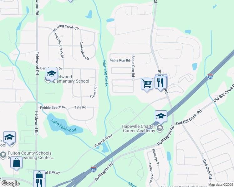 map of restaurants, bars, coffee shops, grocery stores, and more near 3530 Sable Glen Lane in Atlanta