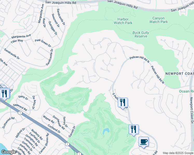 map of restaurants, bars, coffee shops, grocery stores, and more near 1 Gallery Place in Newport Beach
