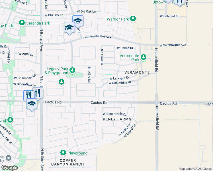 map of restaurants, bars, coffee shops, grocery stores, and more near 12432 North 142nd Court in Surprise