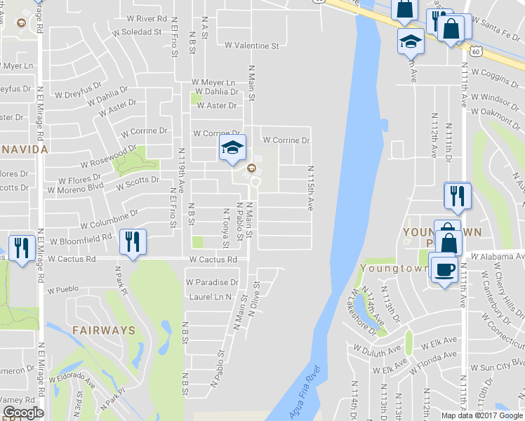 map of restaurants, bars, coffee shops, grocery stores, and more near 11625 West Columbine Drive in El Mirage