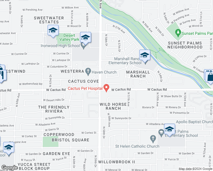 map of restaurants, bars, coffee shops, grocery stores, and more near 5849 West Wethersfield Drive in Glendale