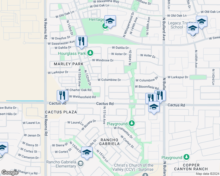 map of restaurants, bars, coffee shops, grocery stores, and more near 15073 West Bloomfield Road in Surprise
