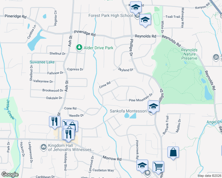 map of restaurants, bars, coffee shops, grocery stores, and more near 988 Tamarack Trail in Forest Park