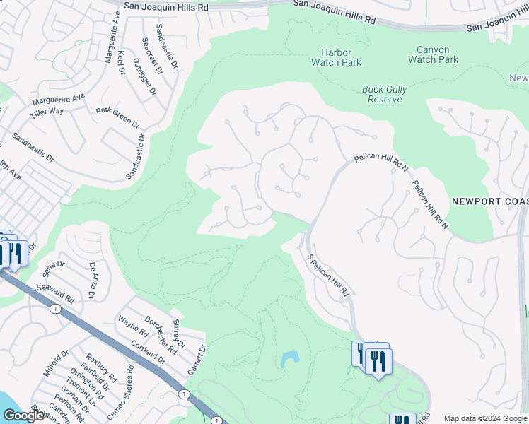 map of restaurants, bars, coffee shops, grocery stores, and more near 1 Gallery Place in Newport Beach