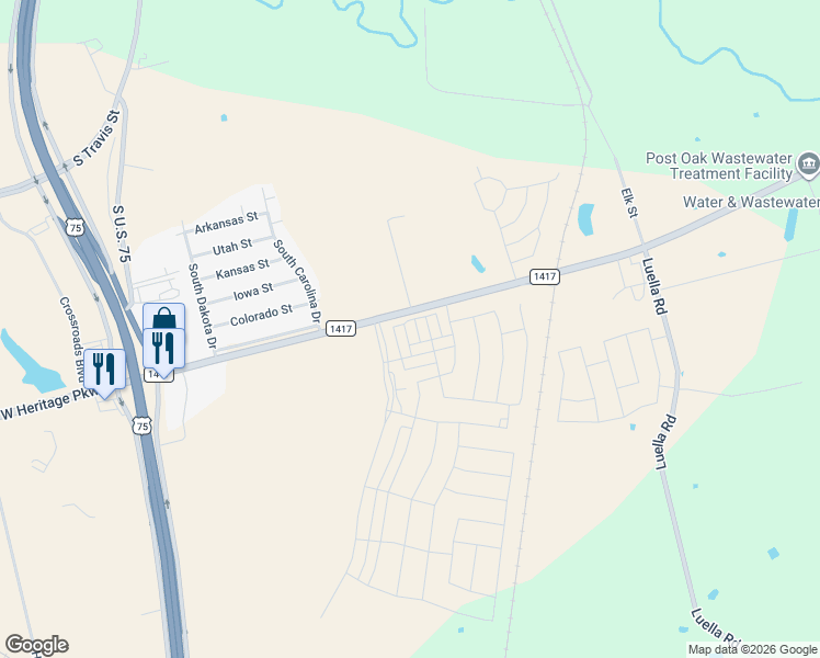 map of restaurants, bars, coffee shops, grocery stores, and more near 1601 Farm to Market Road 1417 in Sherman