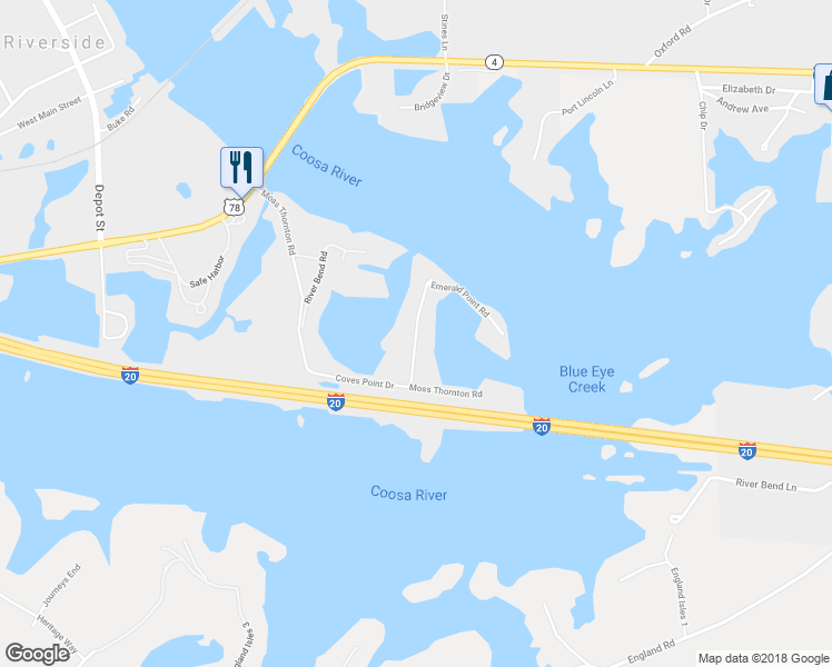 map of restaurants, bars, coffee shops, grocery stores, and more near 101 Coves Point Drive in Riverside