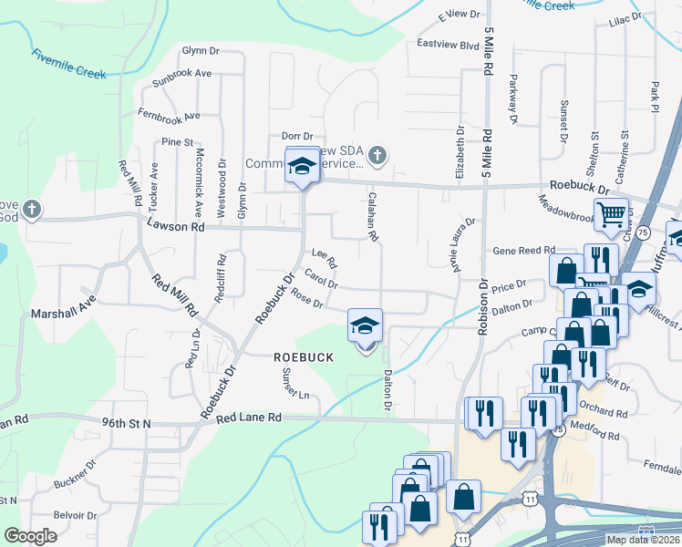 map of restaurants, bars, coffee shops, grocery stores, and more near 612 Lee Road in Birmingham