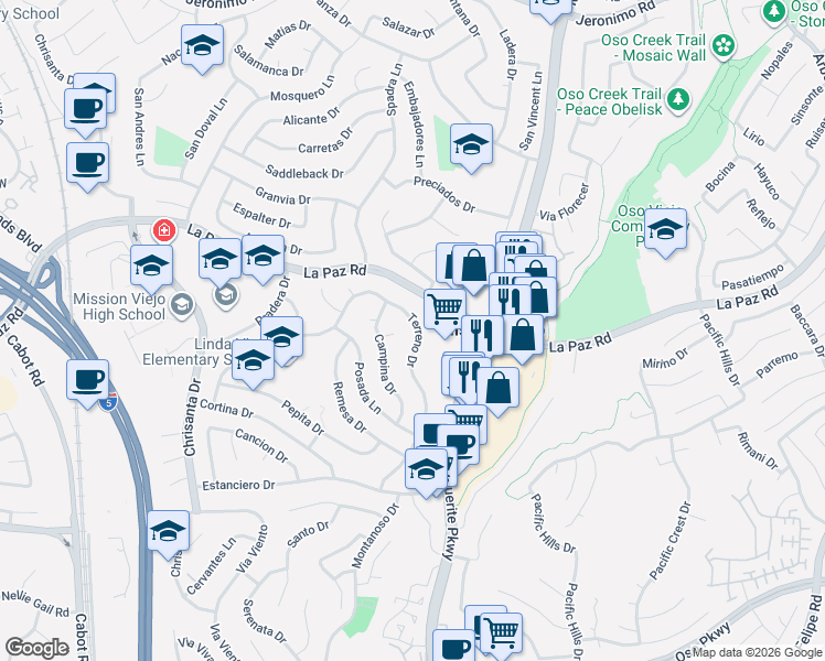 map of restaurants, bars, coffee shops, grocery stores, and more near 25265 Terreno Drive in Mission Viejo