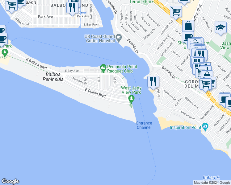 map of restaurants, bars, coffee shops, grocery stores, and more near 2108 Miramar Drive in Newport Beach