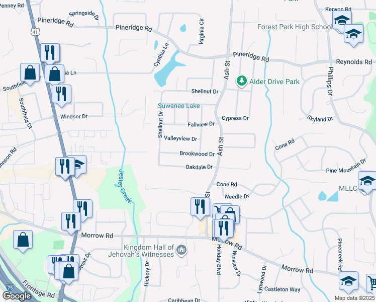 map of restaurants, bars, coffee shops, grocery stores, and more near 694 Brookwood Drive in Forest Park