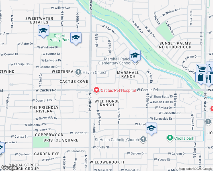 map of restaurants, bars, coffee shops, grocery stores, and more near 5813 W Wethersfield Dr in Glendale