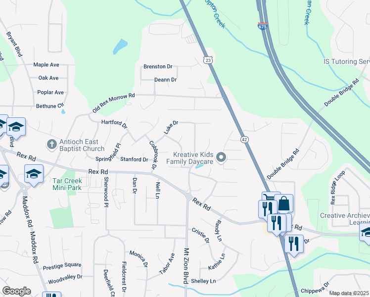 map of restaurants, bars, coffee shops, grocery stores, and more near 5790 Northspring Drive in Ellenwood