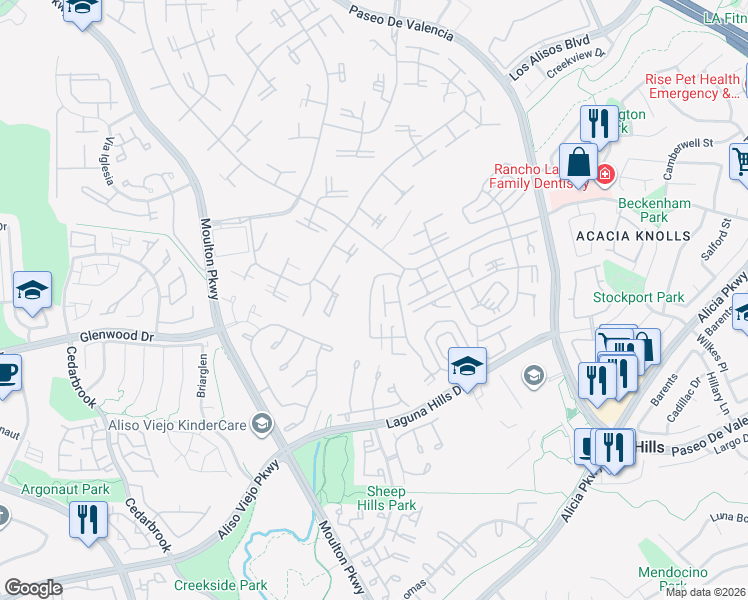 map of restaurants, bars, coffee shops, grocery stores, and more near 888 Ronda Sevilla in Laguna Woods