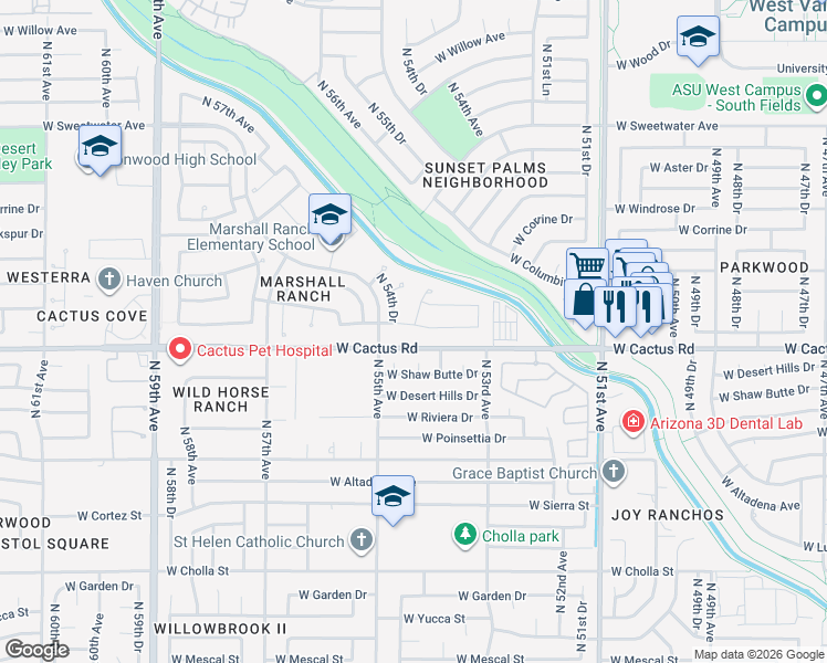 map of restaurants, bars, coffee shops, grocery stores, and more near 5377 W Wethersfield Dr in Glendale
