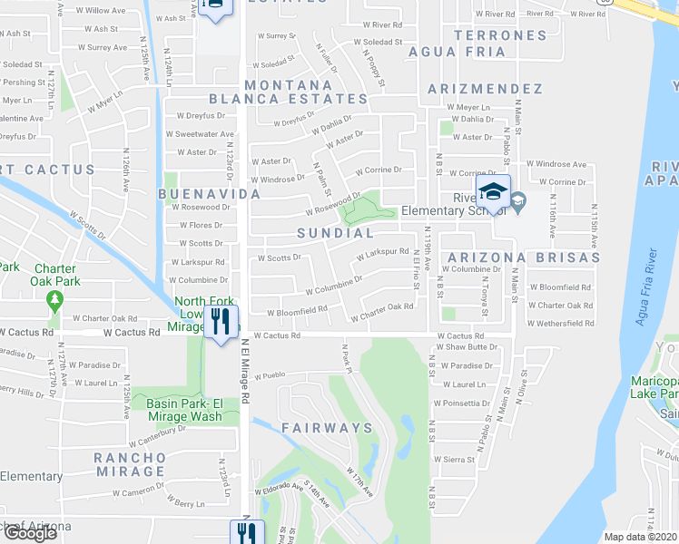 map of restaurants, bars, coffee shops, grocery stores, and more near 12417 North 121st Avenue in El Mirage