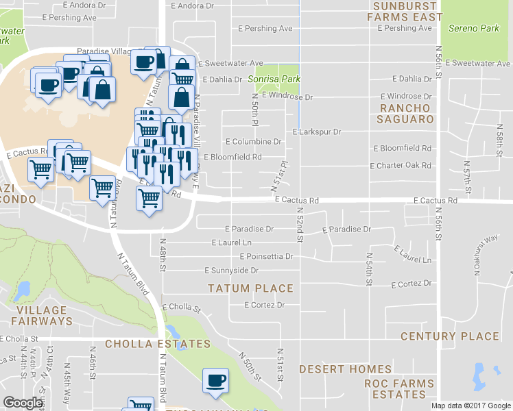 map of restaurants, bars, coffee shops, grocery stores, and more near 5039 East Cactus Road in Scottsdale