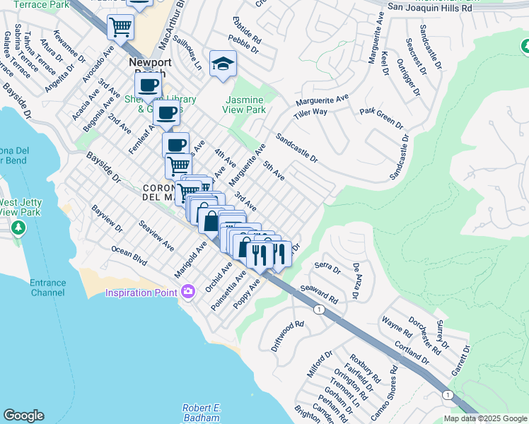 map of restaurants, bars, coffee shops, grocery stores, and more near 603 Orchid Avenue in Newport Beach