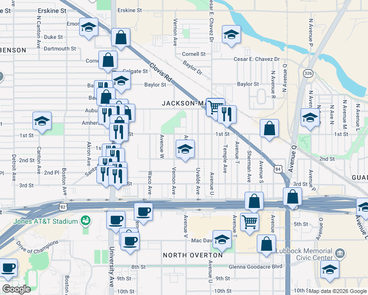 map of restaurants, bars, coffee shops, grocery stores, and more near 111 Vernon Avenue in Lubbock