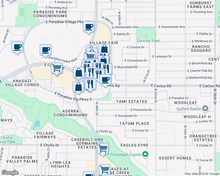map of restaurants, bars, coffee shops, grocery stores, and more near 4835 East Cactus Road in Scottsdale