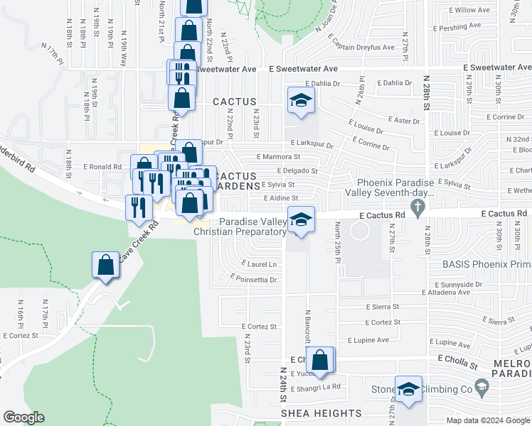map of restaurants, bars, coffee shops, grocery stores, and more near 2314 East Cactus Road in Phoenix