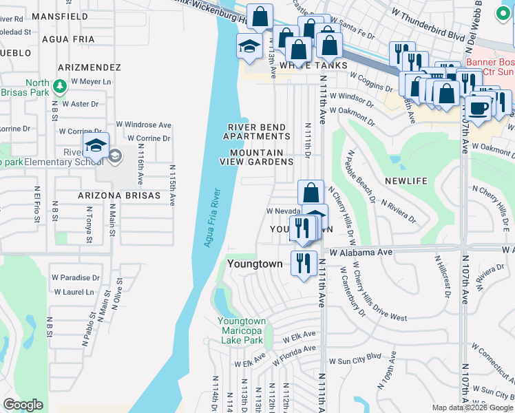 map of restaurants, bars, coffee shops, grocery stores, and more near 12322 North 113th Avenue in Youngtown
