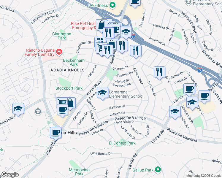 map of restaurants, bars, coffee shops, grocery stores, and more near 25111 Northrup Drive in Laguna Hills