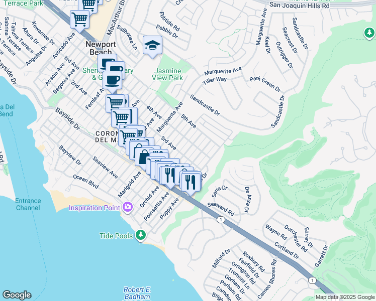 map of restaurants, bars, coffee shops, grocery stores, and more near 603 Orchid Avenue in Newport Beach