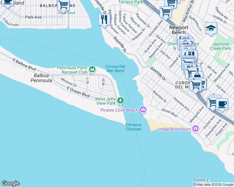 map of restaurants, bars, coffee shops, grocery stores, and more near 2254 Channel Road in Newport Beach