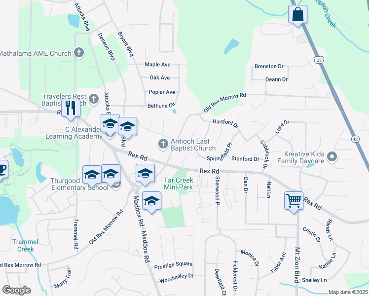 map of restaurants, bars, coffee shops, grocery stores, and more near 5810 Northfield Drive in Ellenwood
