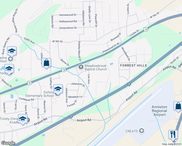 map of restaurants, bars, coffee shops, grocery stores, and more near 1301 Meadowbrook Lane in Oxford