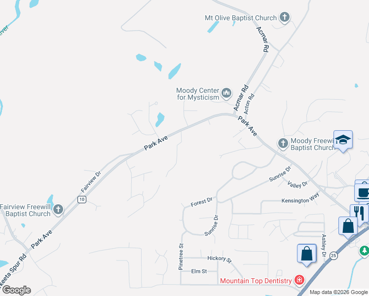map of restaurants, bars, coffee shops, grocery stores, and more near 2814 Shirley Drive in Moody