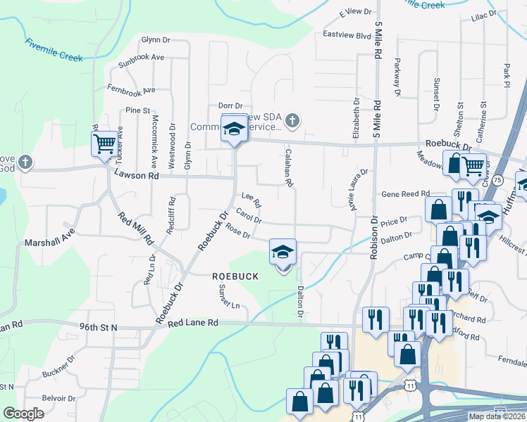 map of restaurants, bars, coffee shops, grocery stores, and more near 612 Lee Road in Birmingham